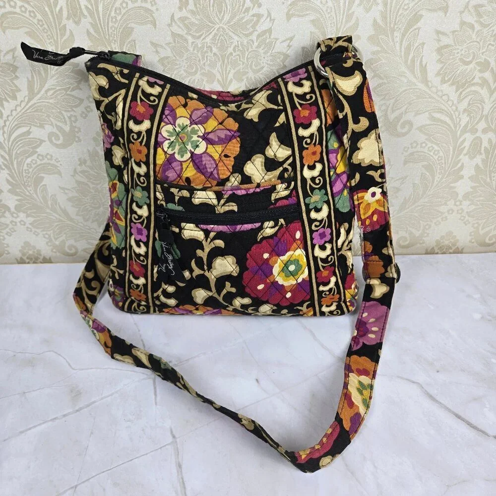 Vera Bradley Cotton Quilted Crossbody Bag Black Pink Orange Adjustable Strap